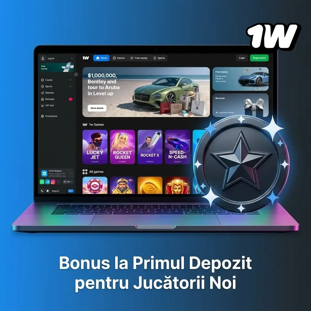 Bonus la primul depozit 500% pentru jucătorii noi din România pe platforma 1w, minim 20 RON