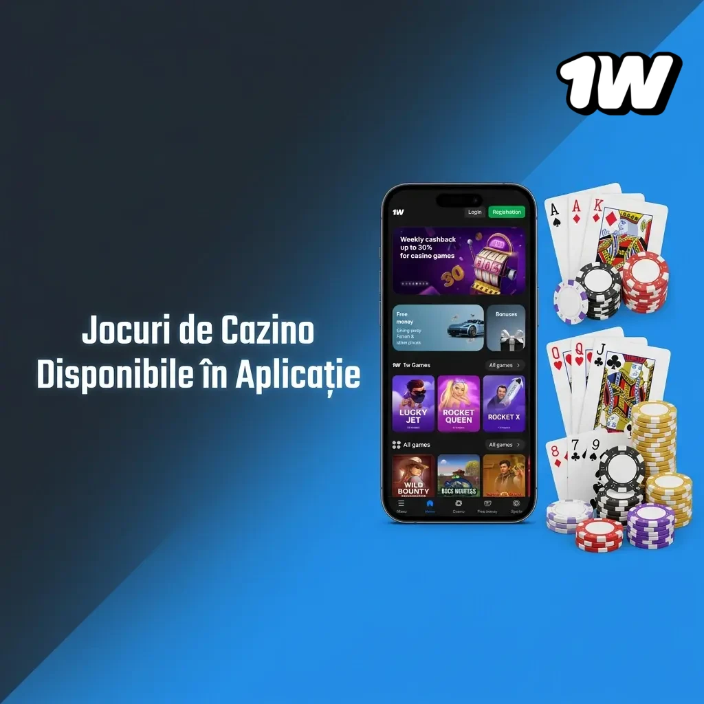Jocuri de cazino disponibile în aplicația 1W: sloturi, ruletă live și blackjack de la Pragmatic Play, Evolution și NetEnt