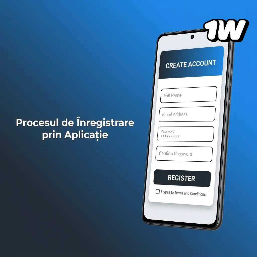 Pași pentru înregistrare în aplicația 1W: completare formular, setare parolă și activare cont prin email sau SMS.