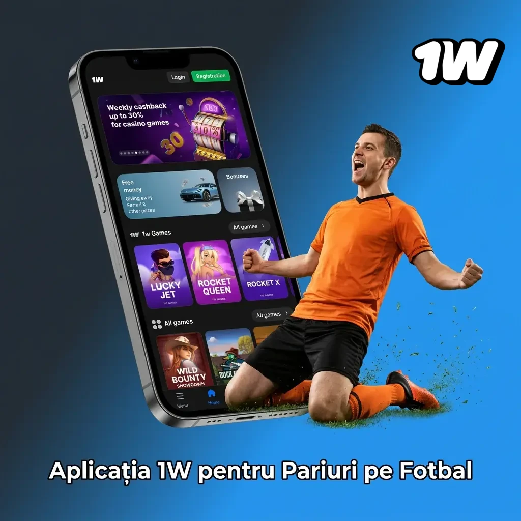 Aplicația 1W pentru pariuri pe fotbal, disponibilă pe Android și iOS, cu interfață optimizată pentru mobil