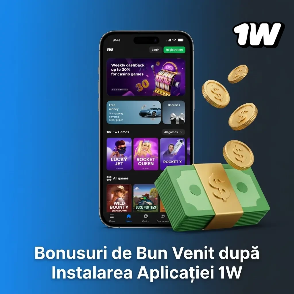 Bonusuri de bun venit 1W: casino 500%, pariuri sportive, rotiri gratuite și cashback după instalarea aplicației