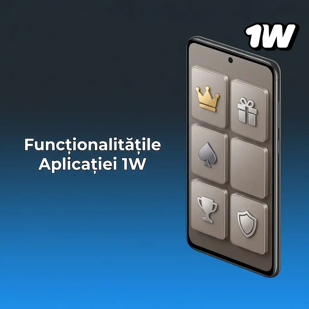 Interfața aplicației 1W cu funcționalități de pariuri live, cazino, depozit, retragere și notificări