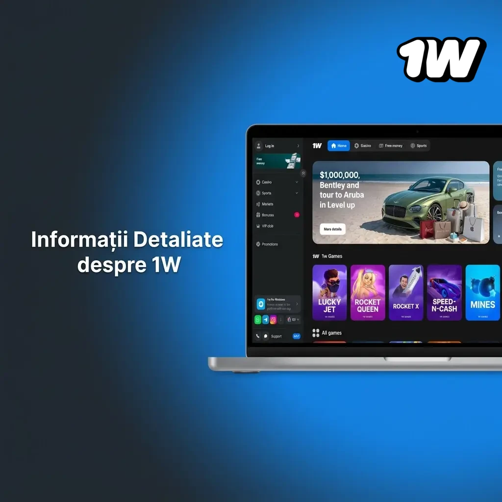 Platformă pariuri și cazino online 1W România - securitate SSL, app Android și iOS, sporturi și sloturi