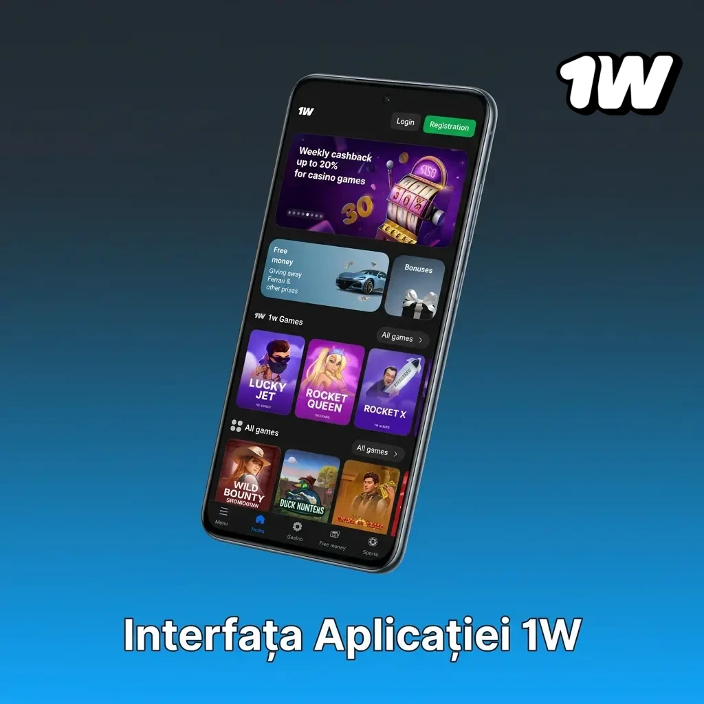 Interfața aplicației mobile 1W cu butoane mari, navigare intuitivă și acces rapid la casino și pariuri sportive