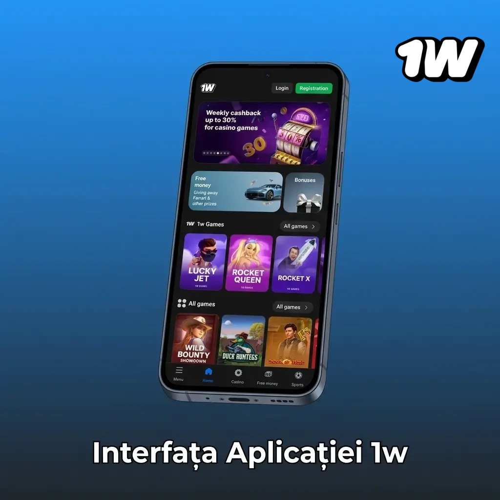 Interfața aplicației mobile 1w cu butoane mari, navigare simplă și acces rapid la pariuri, cazino și plăți