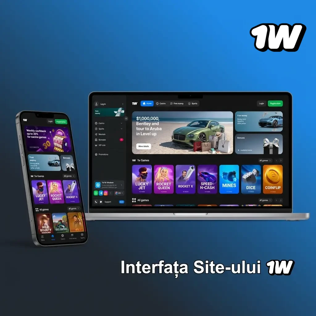 Interfața site-ului 1w cu bara de navigare pentru pariuri sportive, eSports, casino live și sloturi