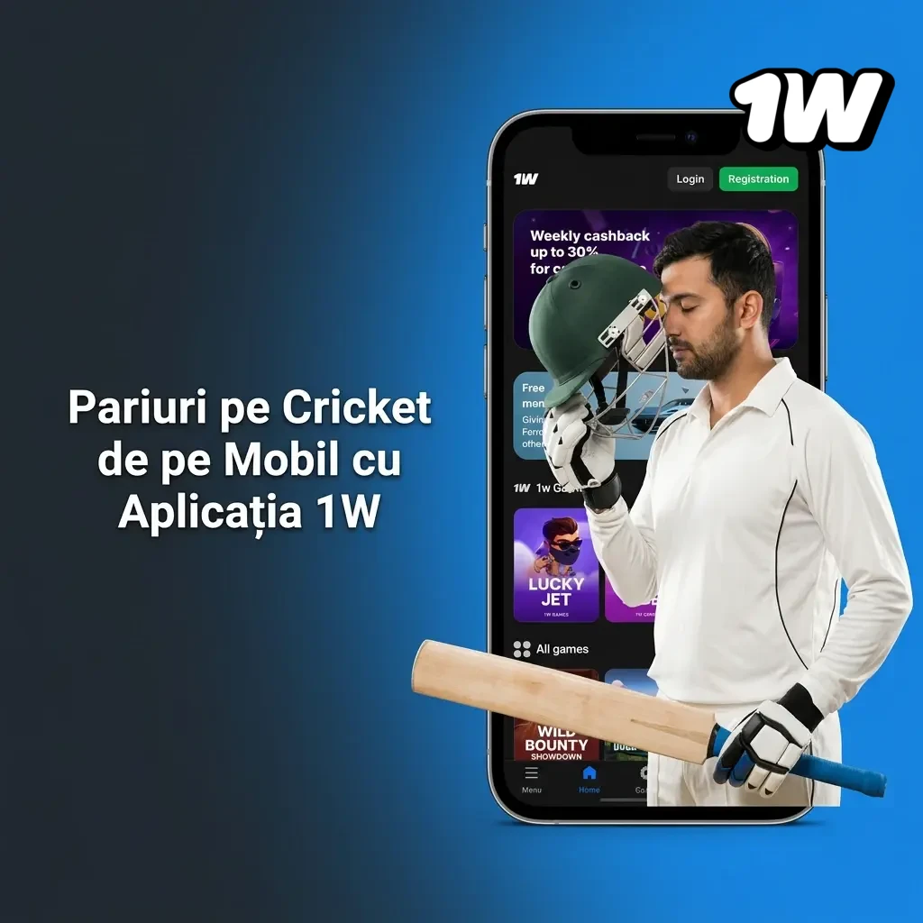 Aplicație mobilă 1W pentru pariuri cricket pe Android și iOS, cu acces live și pre-meci de pe telefon
