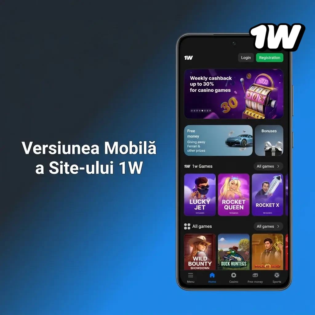 Versiunea mobilă a site-ului 1W accesibilă pe smartphone și tabletă pentru pariuri și jocuri cazino